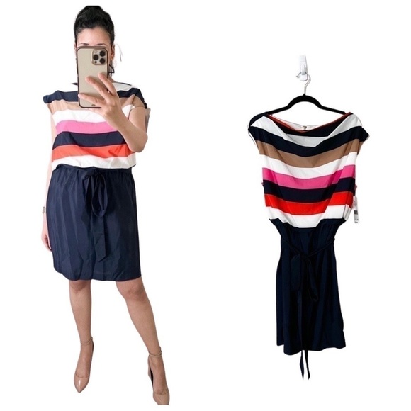 NWT ELIZA J Striped Shift Short Sleeve Knee-Length Dress Navy US 14